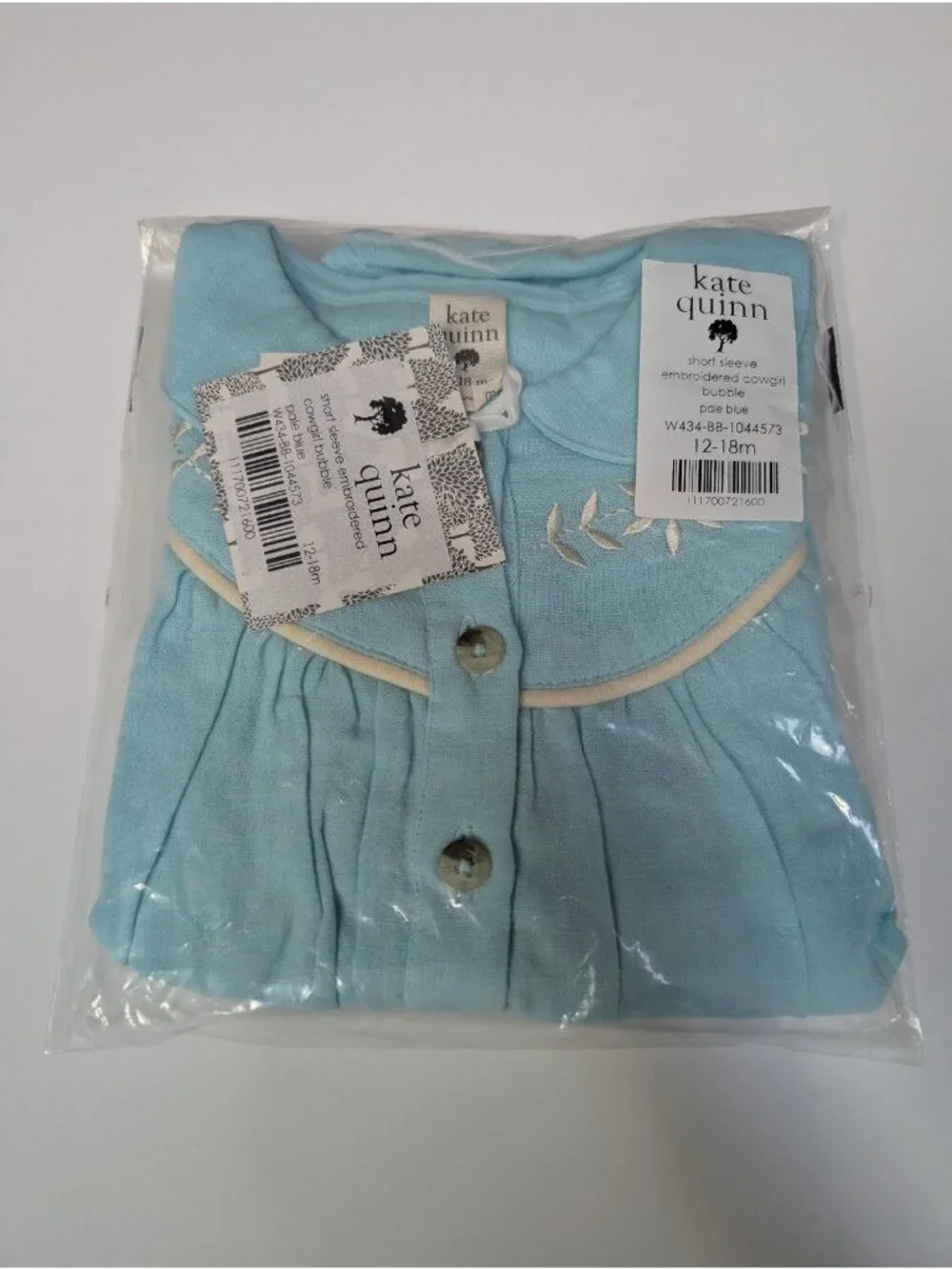 Kate Quinn Organic Cotton Gauze Embroidered Cowgirl Bubble Pale Blue 12-18